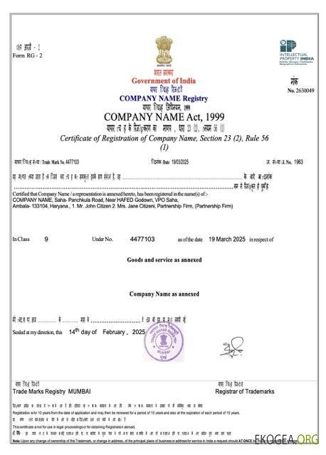 Modèle Word et PDF de certificat d'enregistrement en Inde, version 3